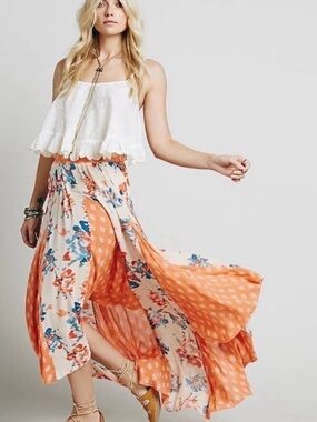 Free People Show You Off Orange & Cream Floral Pleated Maxi Skirt